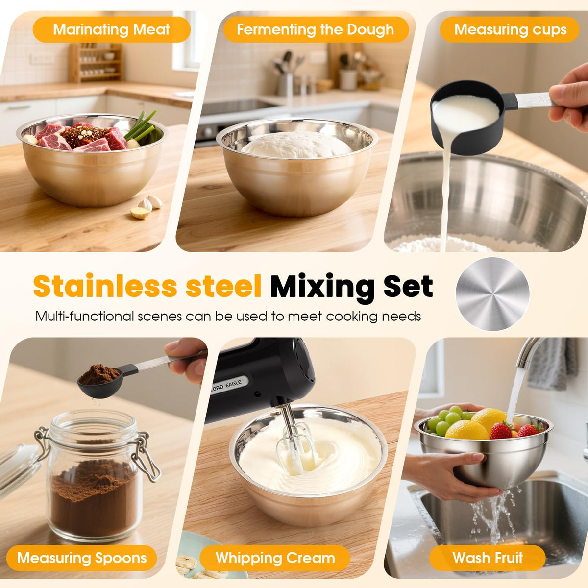 Lord Eagle mixer attachments including dough hooks, beaters, and whisk.