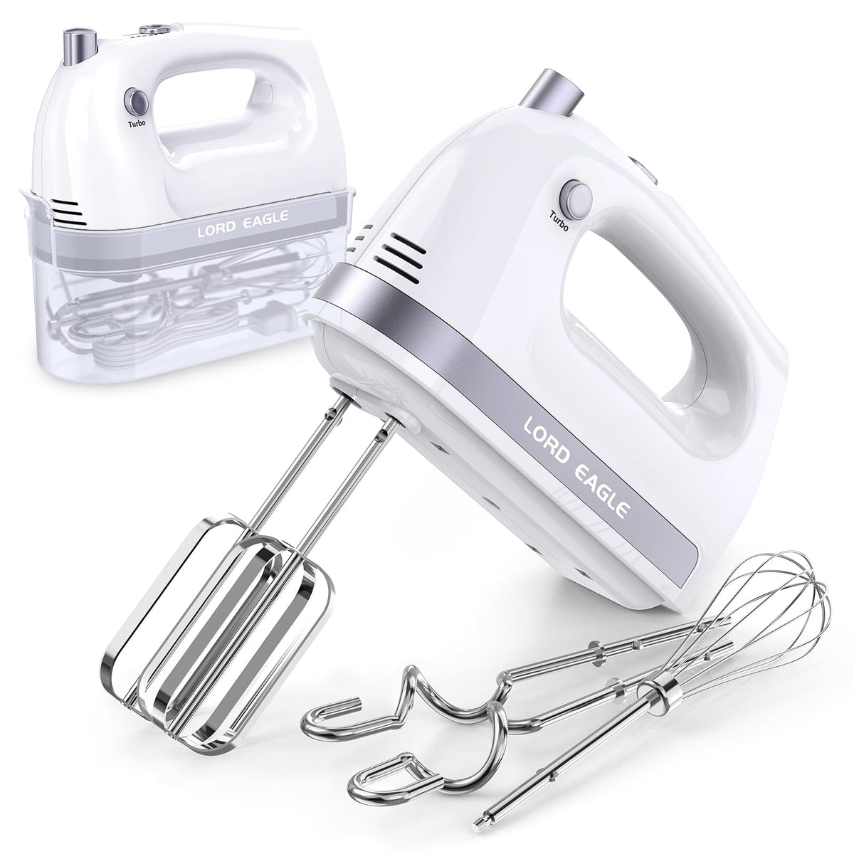 Lord Eagle hand mixer with compact design for easy storage and quick setup.