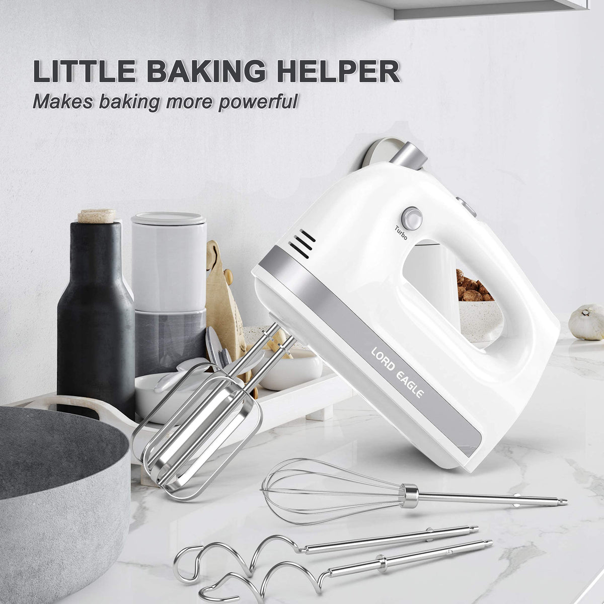 Lord Eagle hand mixer includes 5 durable stainless steel attachments.