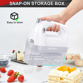 Lord Eagle hand mixer eject button releases attachments for easy changes.