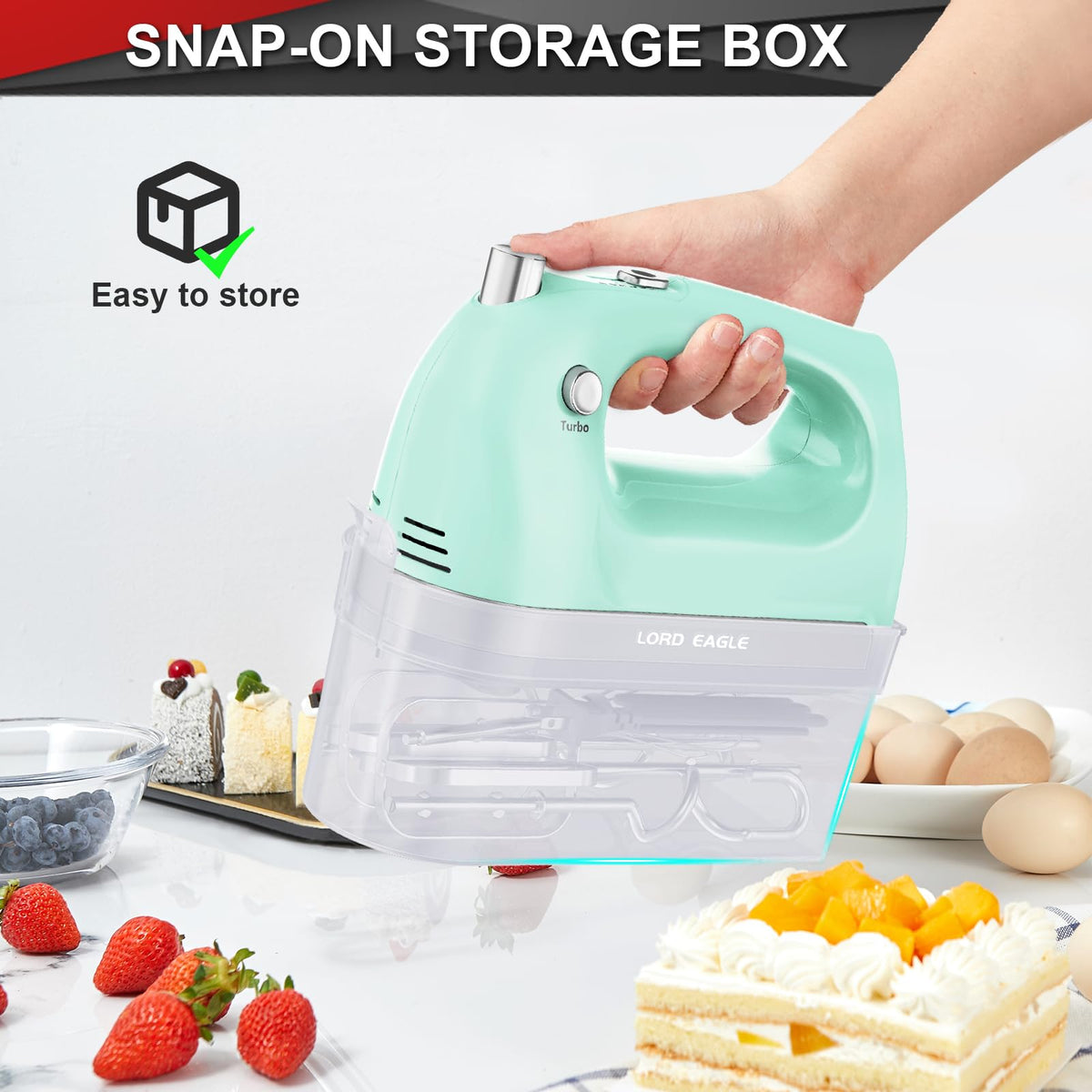 Ergonomic grip on Lord Eagle hand mixer for comfortable, extended use.