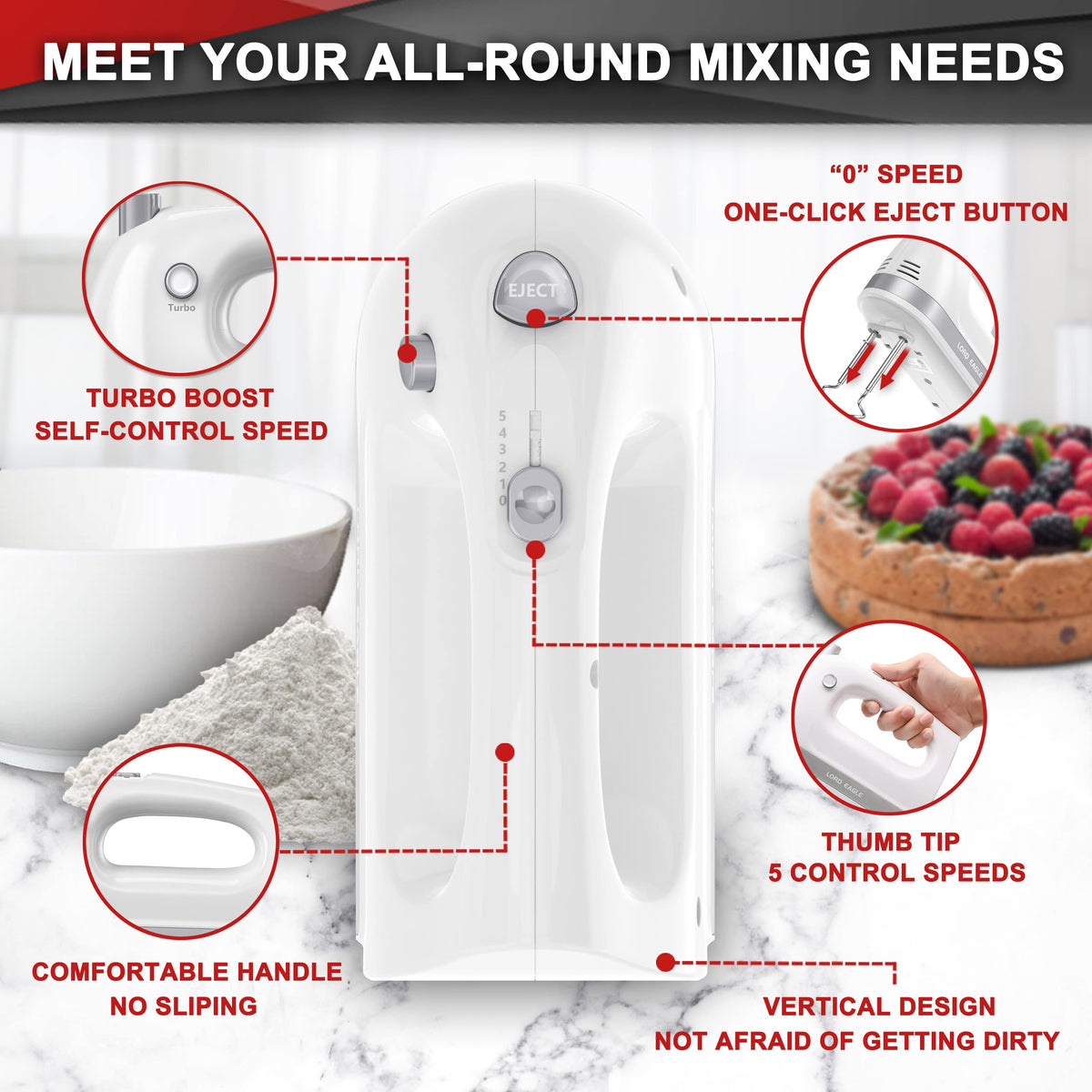 Lord Eagle hand mixer five-speed controls enable precise batter blending.