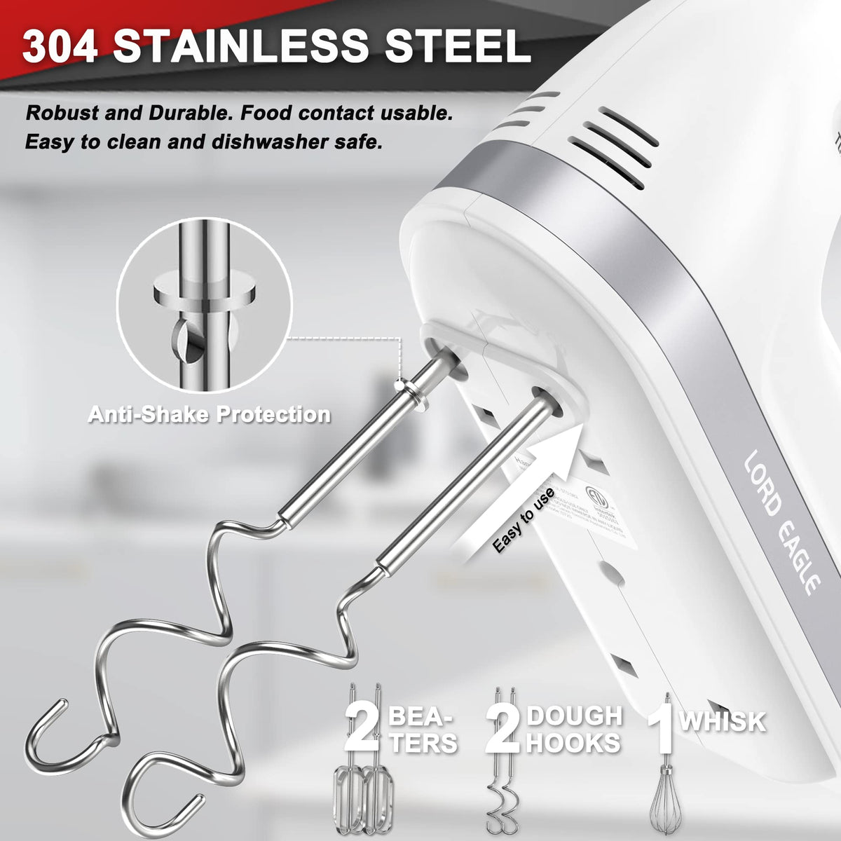 Lord Eagle hand mixer stainless attachments resist rust and are dishwasher safe.