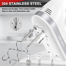 Lord Eagle hand mixer stainless attachments resist rust and are dishwasher safe.