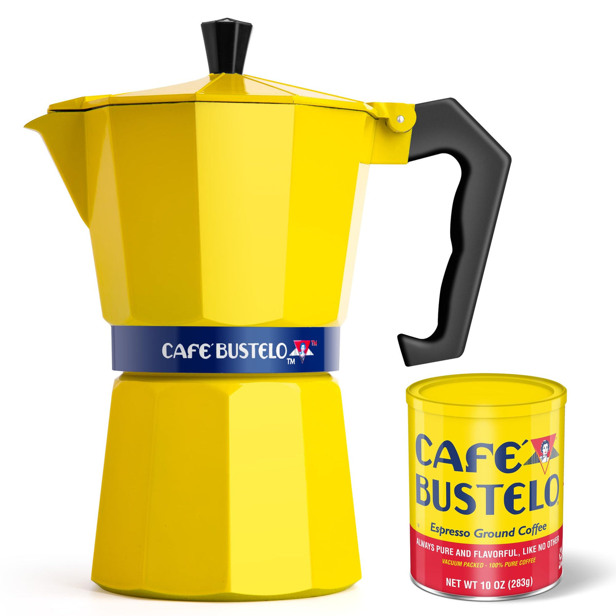 LORD'S ROCKS Café Bustelo stovetop espresso maker in bold yellow for authentic home-brewed espresso.