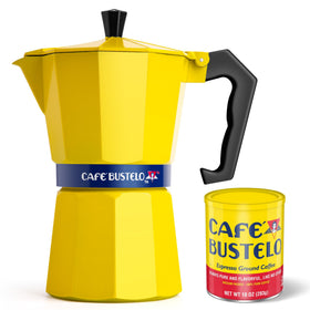 LORD'S ROCKS Café Bustelo stovetop espresso maker in bold yellow for authentic home-brewed espresso.