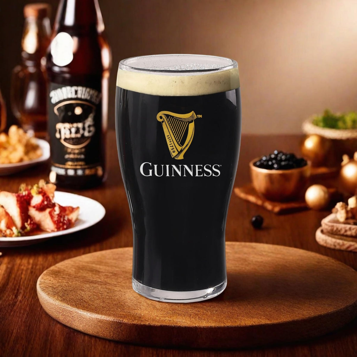 LORD'S ROCKS Guinness 20oz pint glasses side view shows tulip shape for balanced aromas