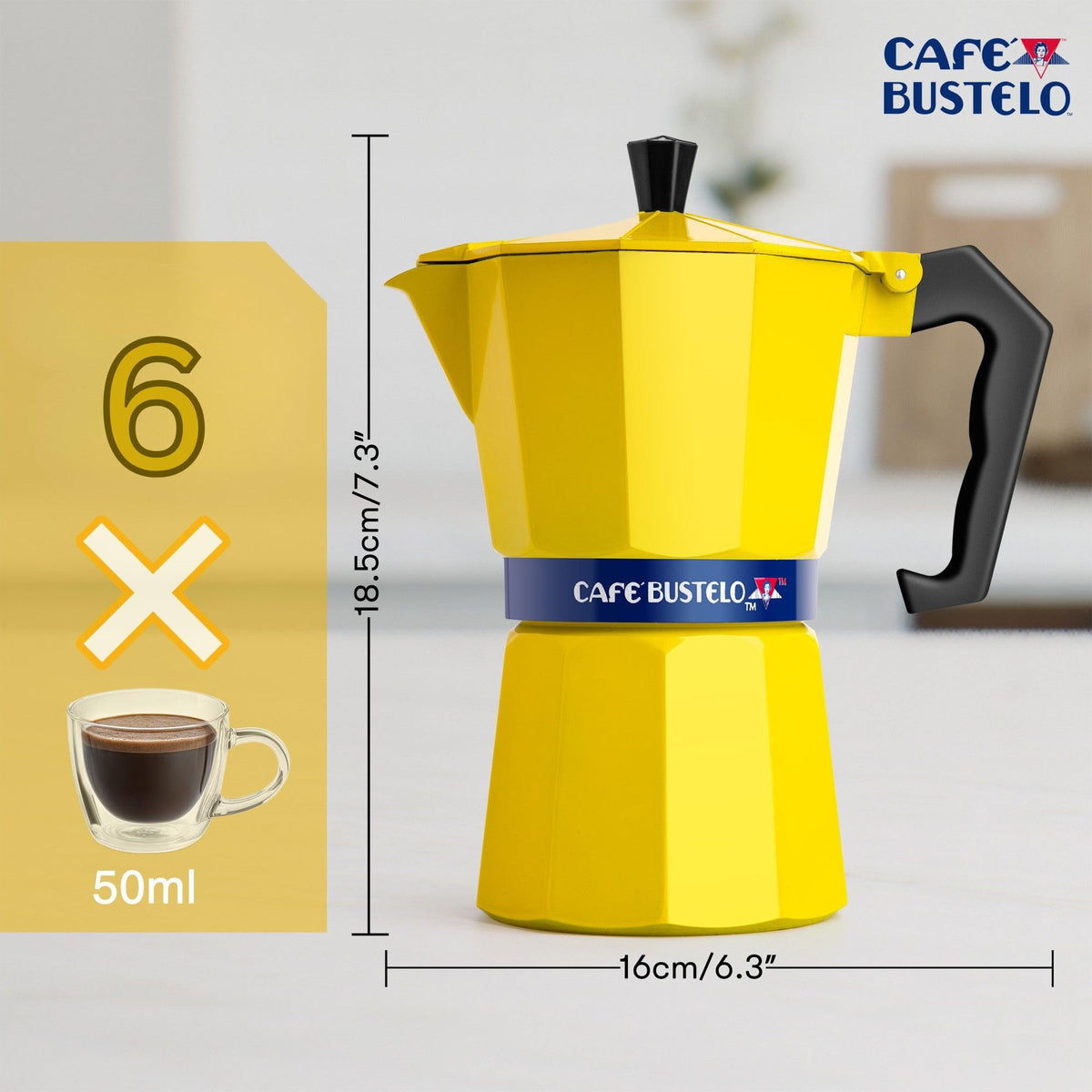 Six-cup LORD'S ROCKS moka pot ideal for entertaining or multiple servings.
