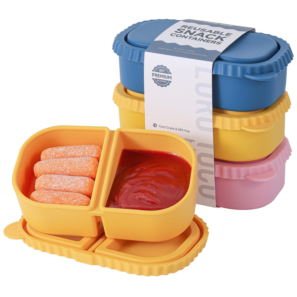 LOROTOCO 3-pack silicone snack containers with 8oz double compartments for organized portions on the go.