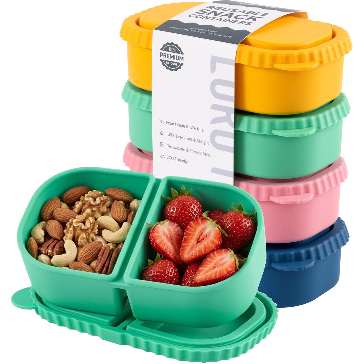 LOROTOCO 4-pack silicone snack containers with lids, 8 oz each, durable and crush-resistant.