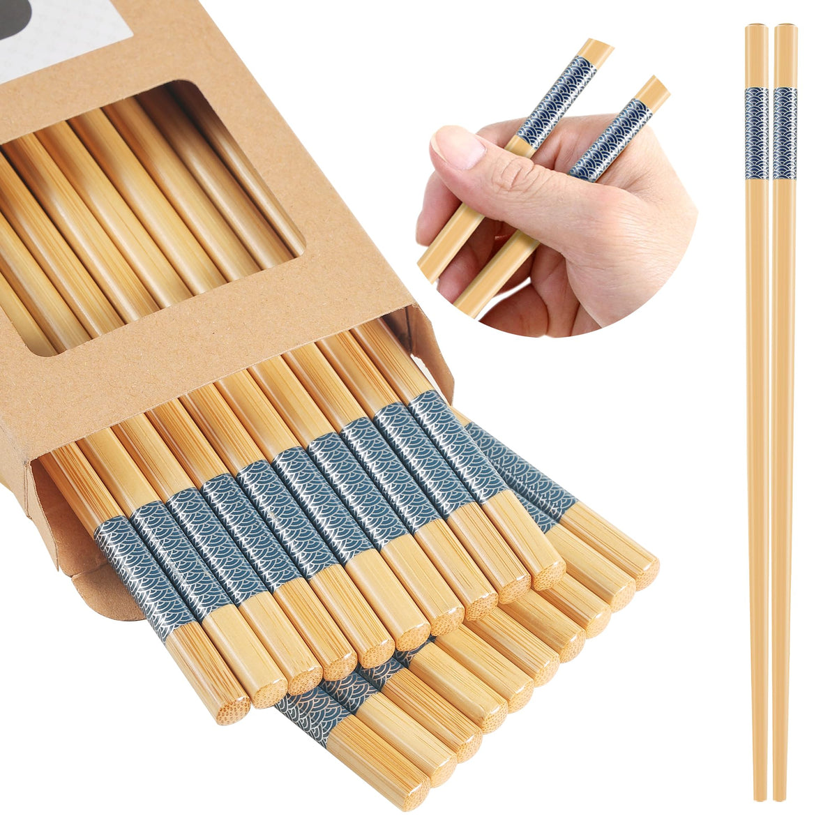 LOROTOCO bamboo chopsticks, 10 pairs in a box, reusable for daily meals.