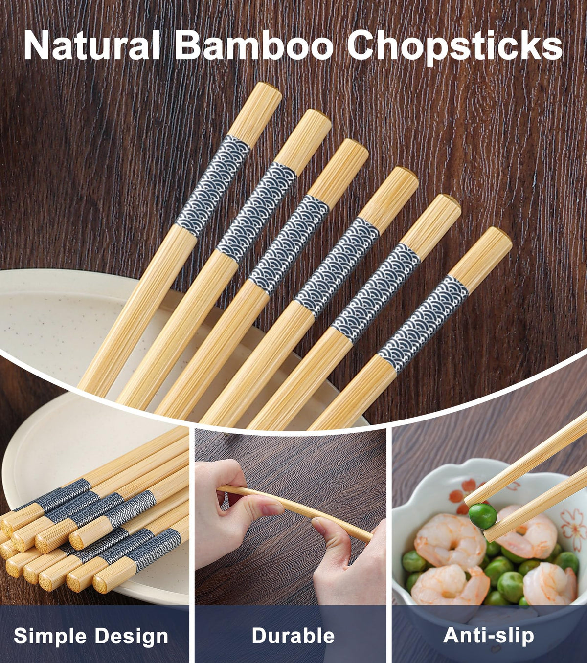 LOROTOCO natural bamboo chopsticks, flexible and durable for everyday use.