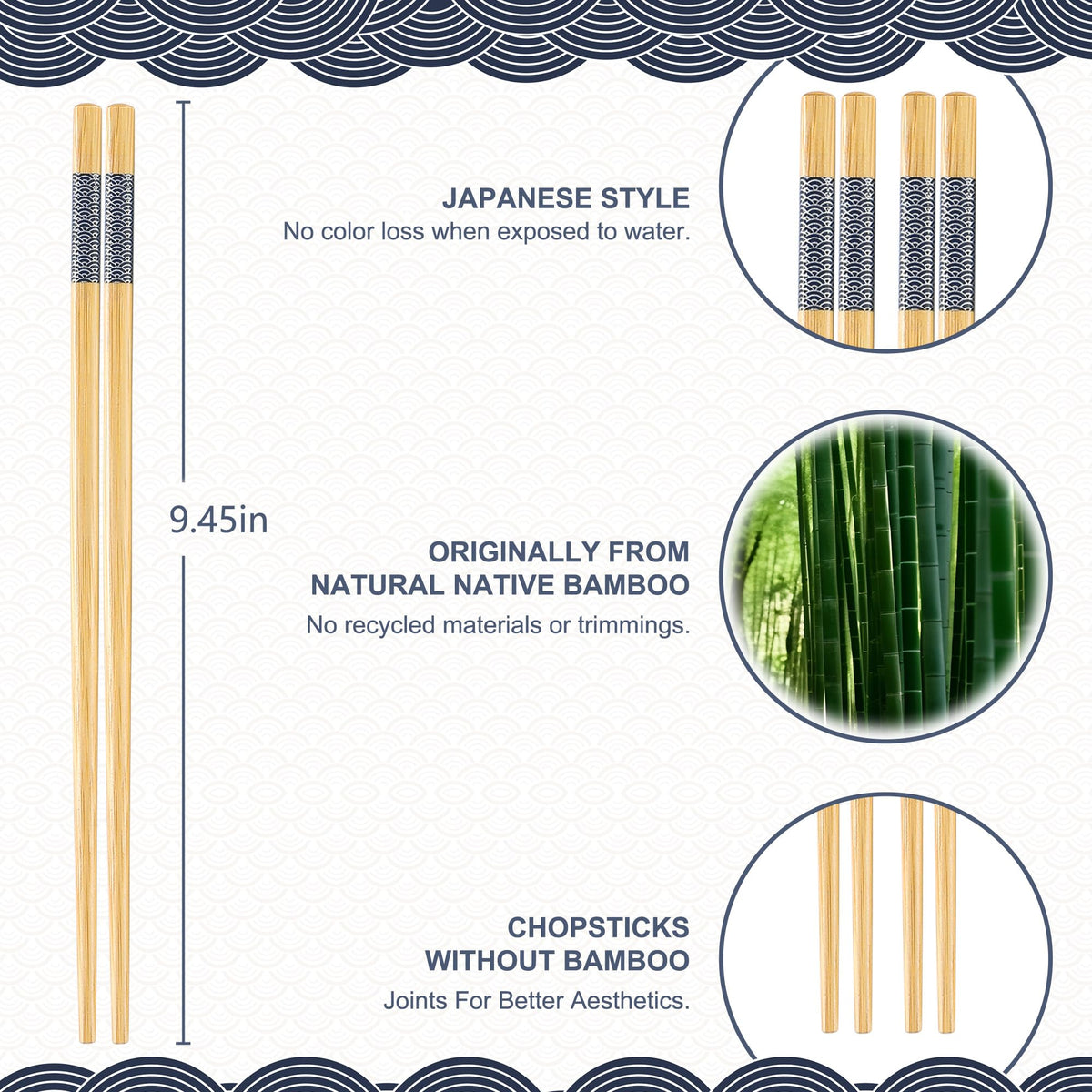 LOROTOCO round-head bamboo chopsticks, 9.45 inches, comfortable grip and stable handling.