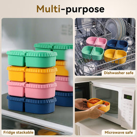 Colorful lids in blue, pink, and yellow brighten snacktime.