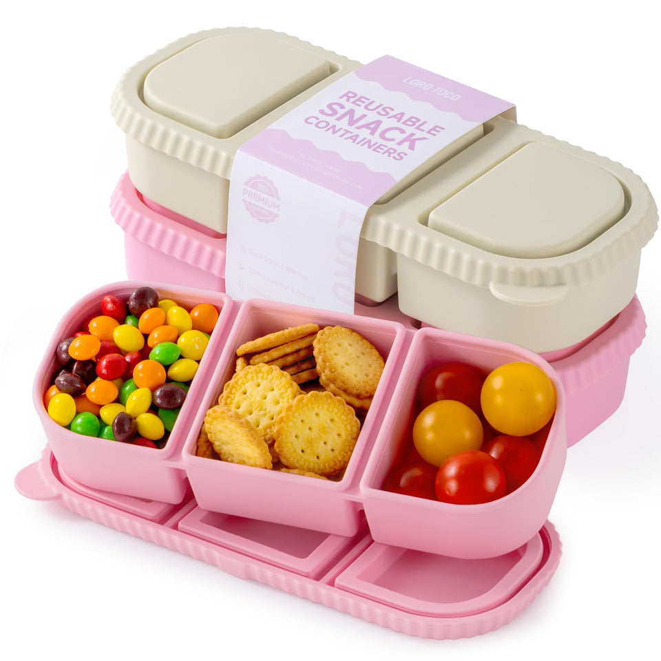 LOROTOCO 2-pack silicone snack containers with lids for kids' lunches.