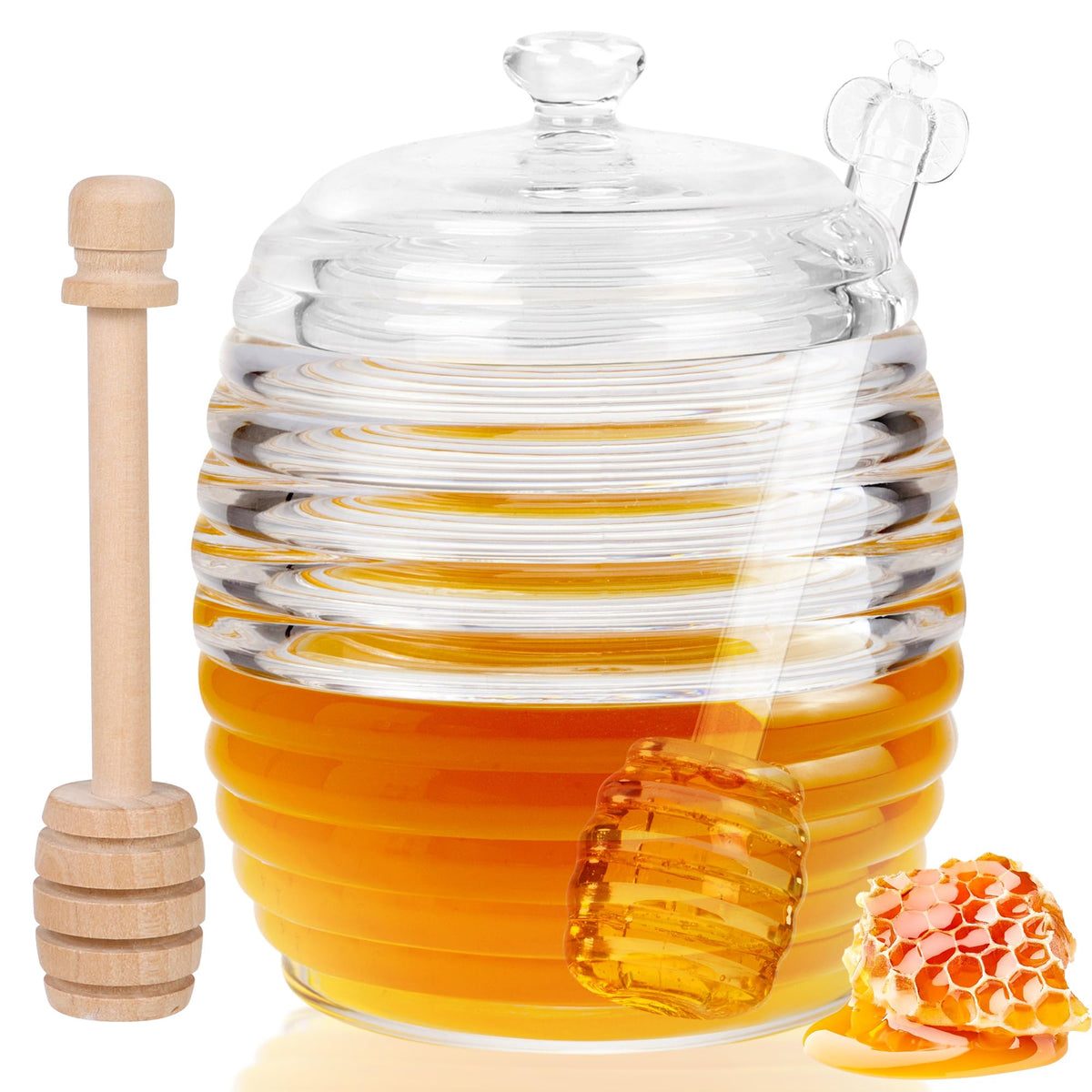 Loscarol transparent honey pot on display showing honey color