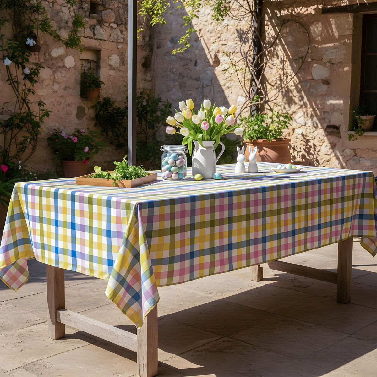 LOSIVISHE Easter dining setup with pastel gingham tablecloth