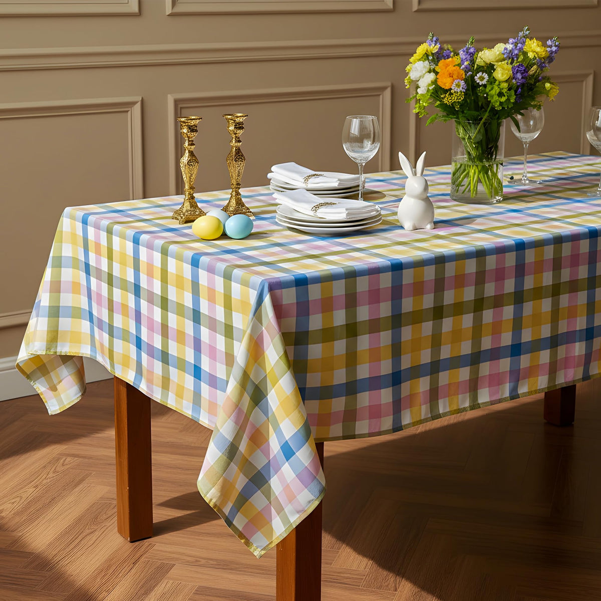 LOSIVISHE Easter tablecloth in pastel gingham for Easter brunch and family gatherings.