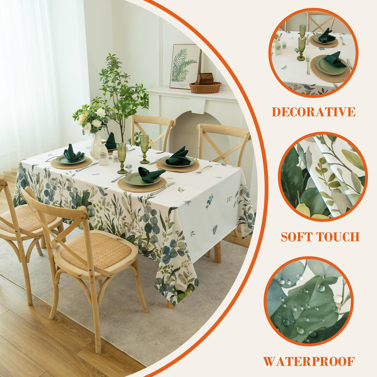 LOSIVISHE Summer Spring Tablecloth demonstrates stain-resistant eucalyptus pattern for family meals