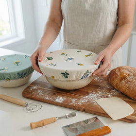 Lospara embroidered floral beige fabric detail adds rustic kitchen charm.