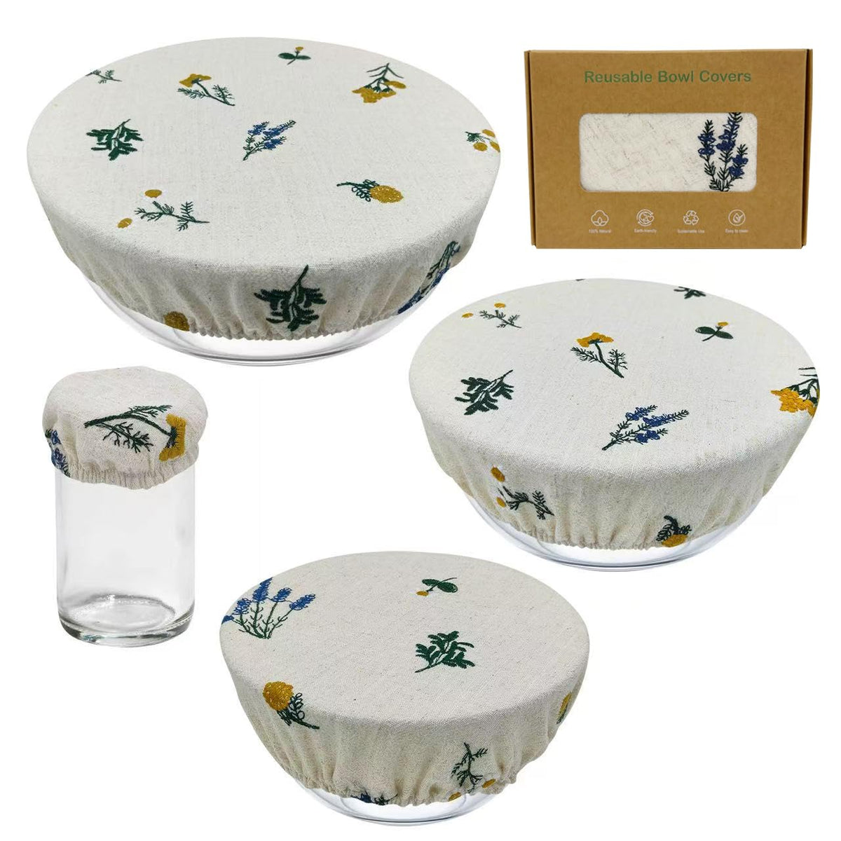Lospara reusable bowl covers set4, front view, breathable fabric for stable fermentation containers.