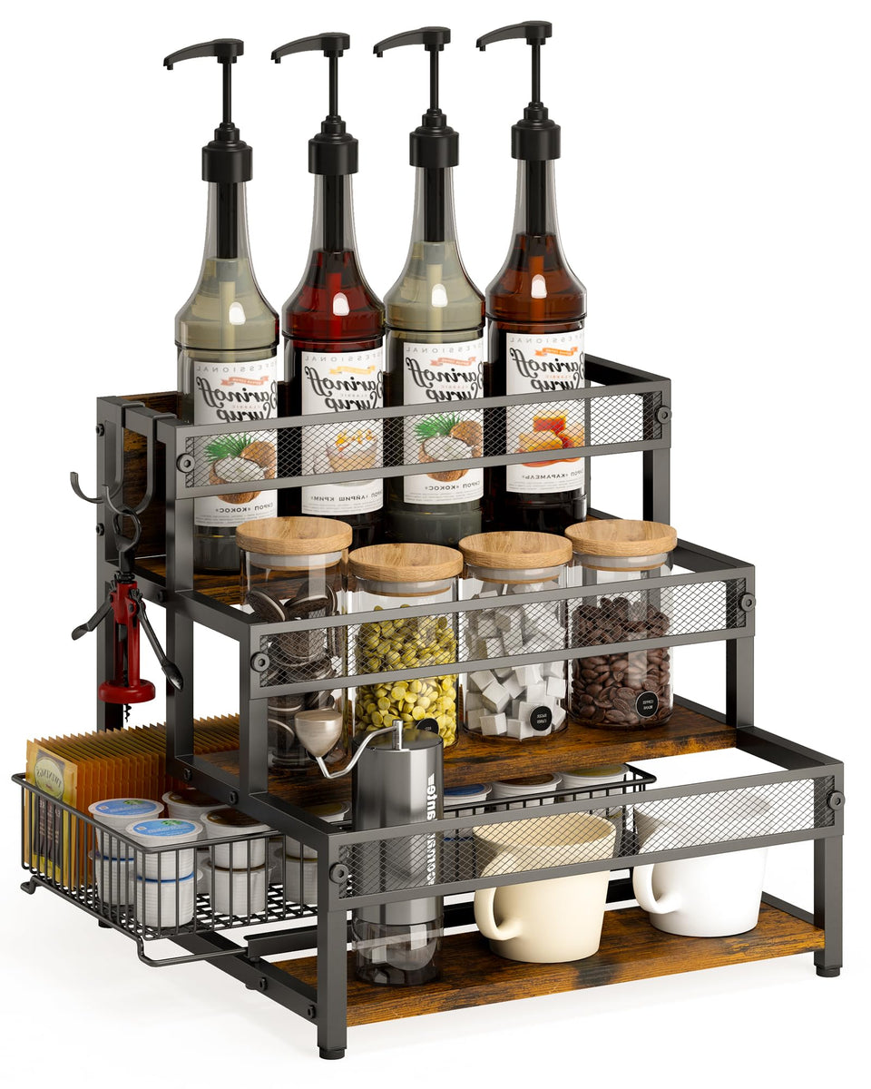LOTEYIKE 3-tier syrup rack front view with organized syrups for quick access