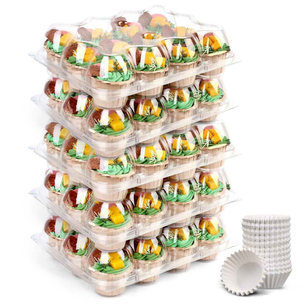 LotFancy cupcake containers (12-count) in clear PET for safe transport of cupcakes.