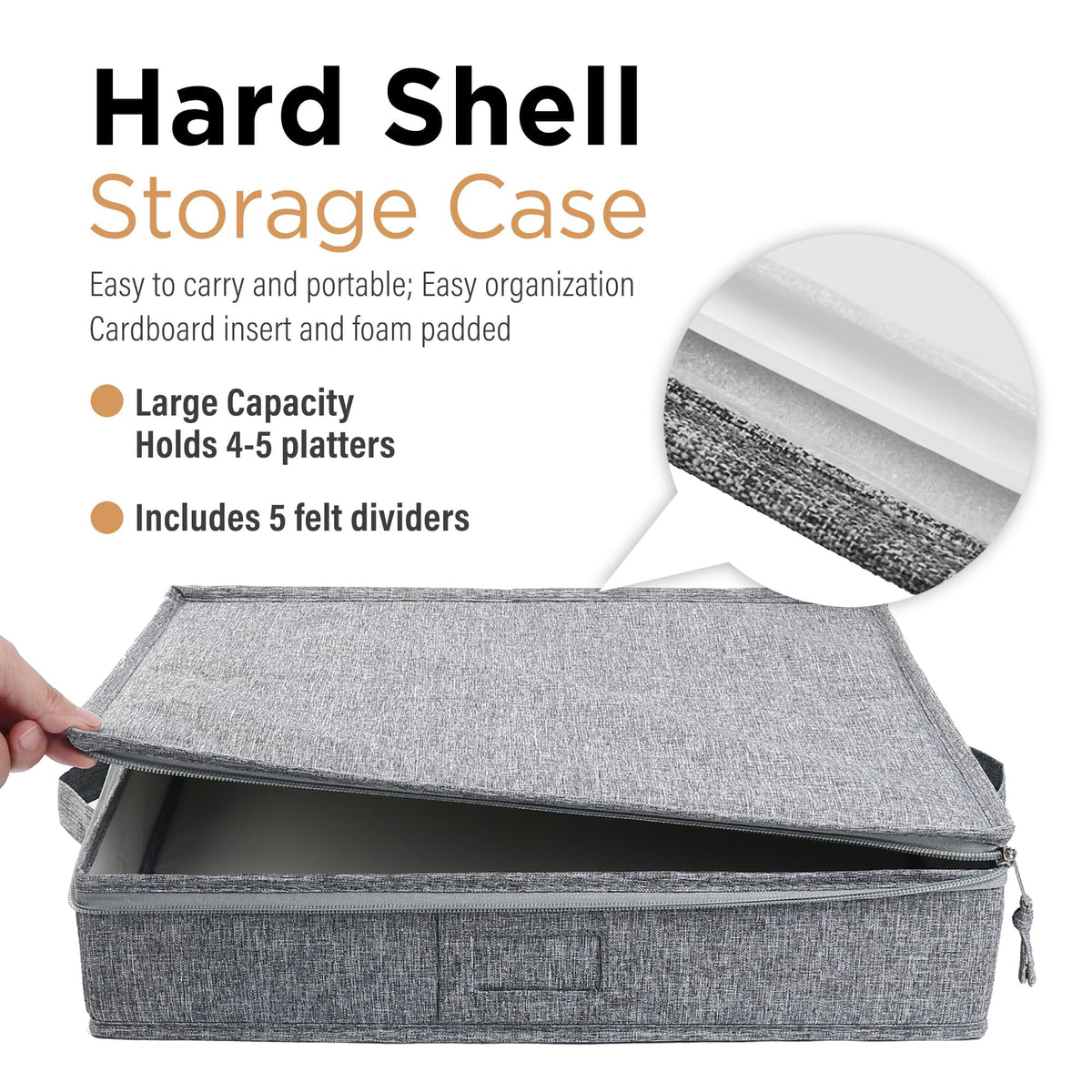 LotFancy platter storage case open with lid showing spacious interior for easy packing.