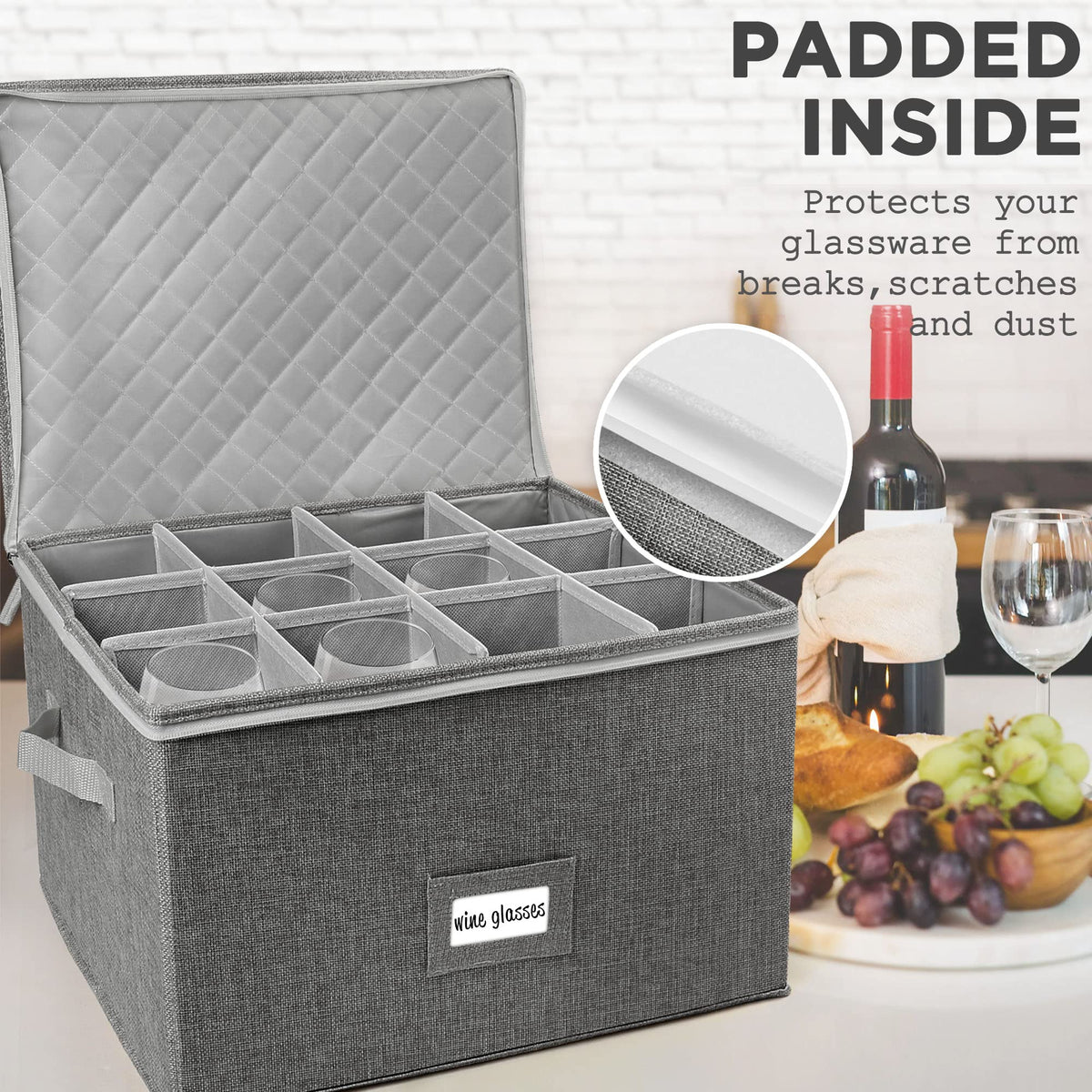 LotFancy stackable drinkware case illustrates space-saving pantry organization