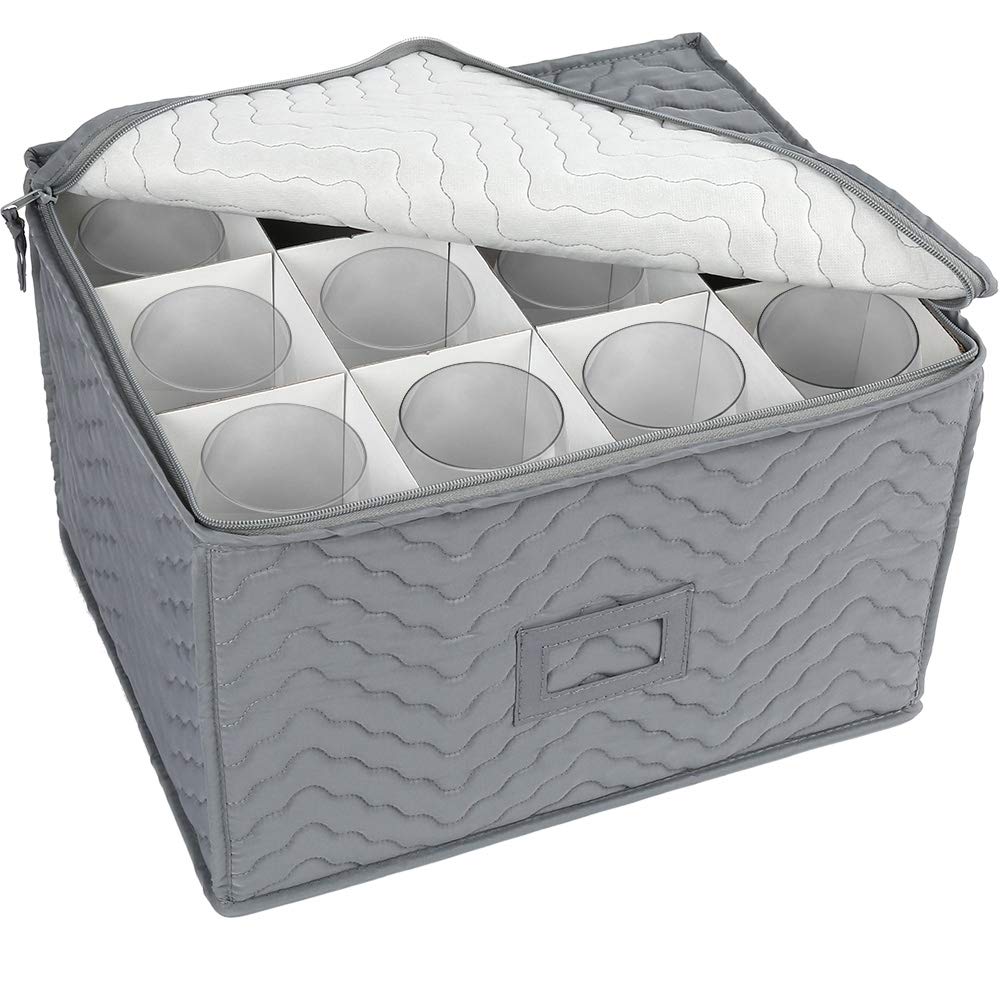 LotFancy stemware storage case with 12 compartments keeps glasses organized and protected.