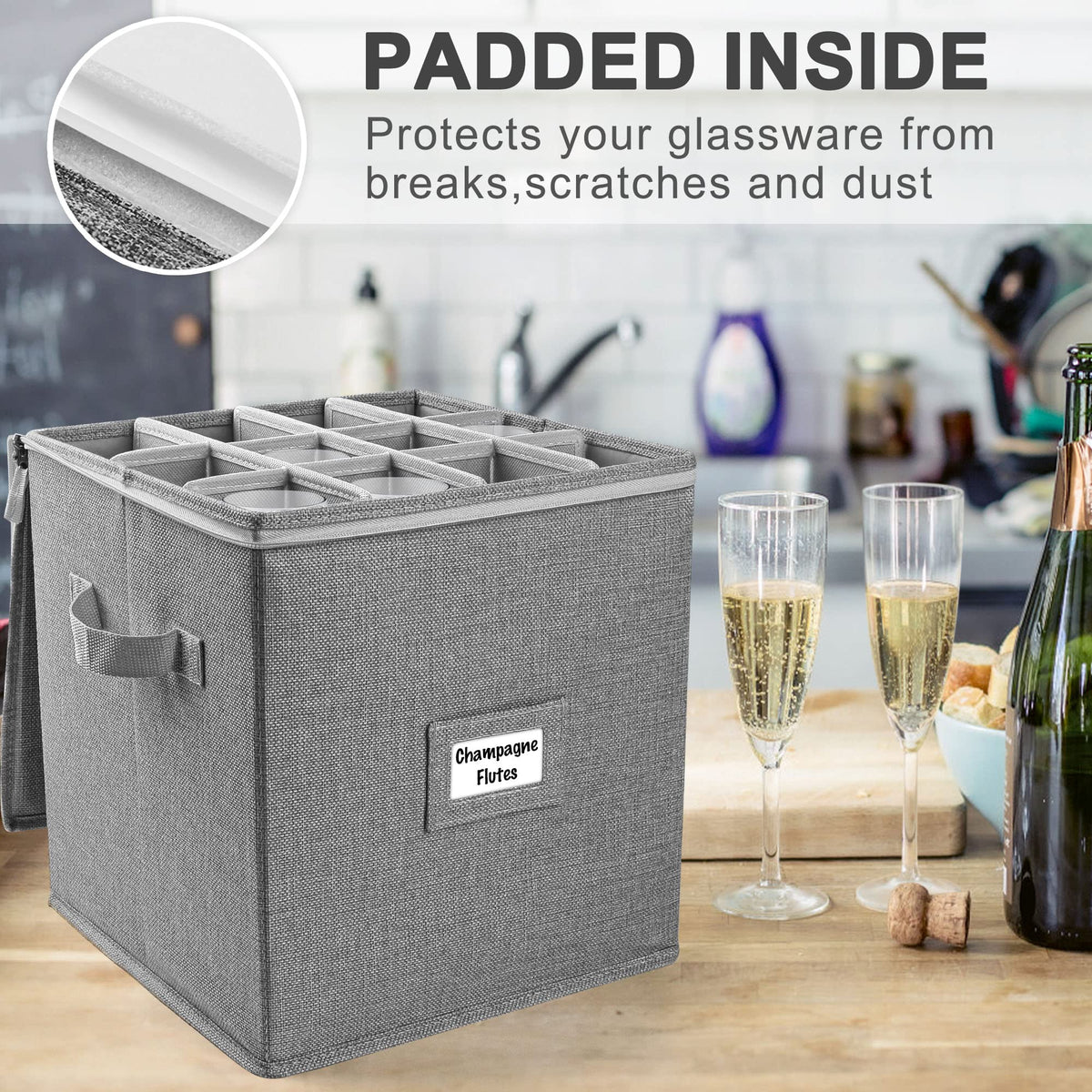 LotFancy twelve-compartment dividers organize champagne flutes and stemware securely.