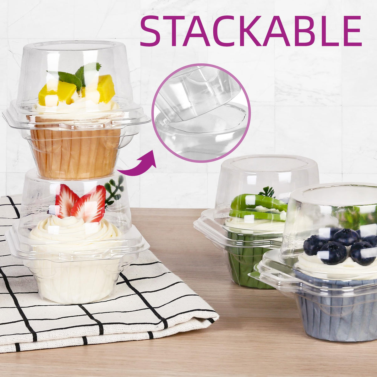 LotFancy clear container suitable for cupcakes, cakes, and other treats.