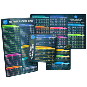LOTTELI KITCHEN air fryer cheat sheet set on fridge with quick cooking times.
