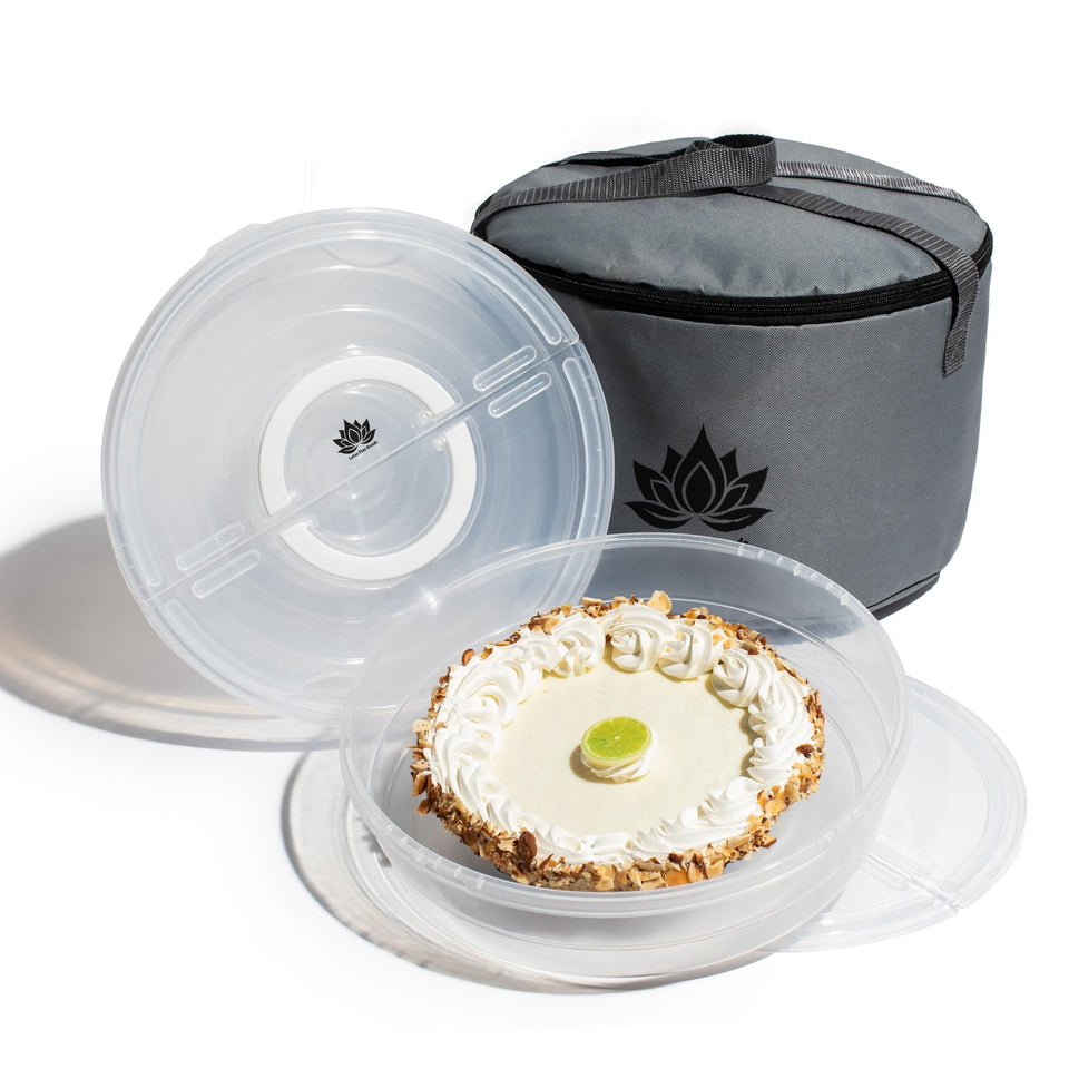 Lotus Fine Goods pie carrier lid for 12-inch desserts keeps them secure on the go.