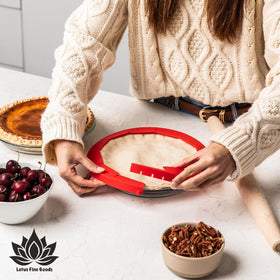 Lotus Fine Goods pie-crust-shield protects pie edges during transit.