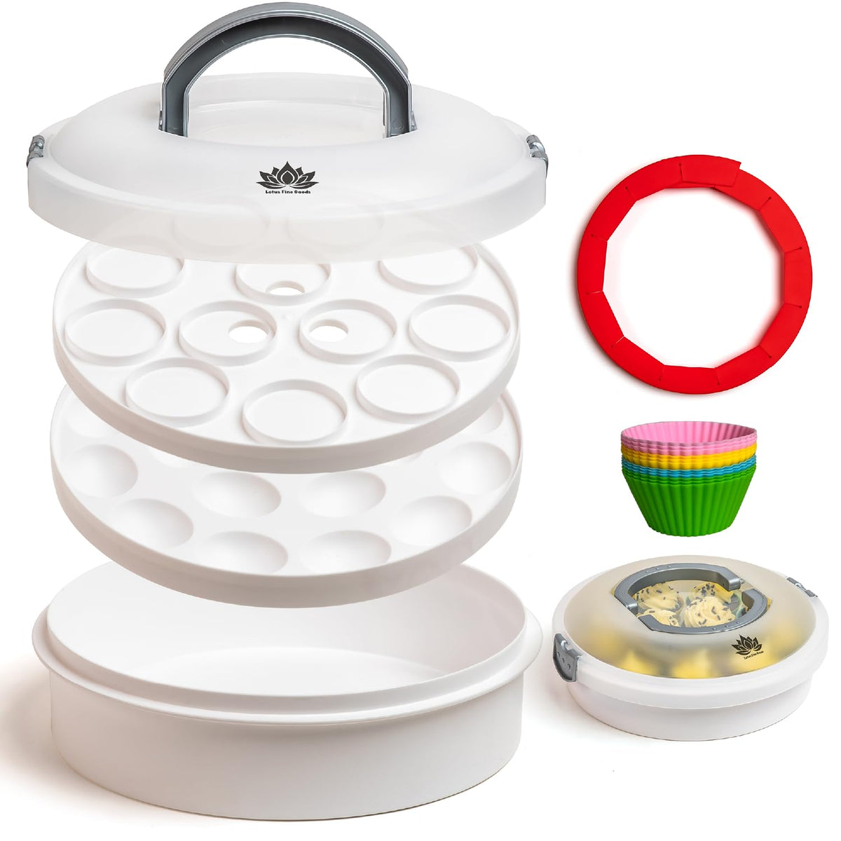 Lotus Fine Goods Premium 4-in-1 Cupcake Carrier with Lid keeps desserts secure during travel.