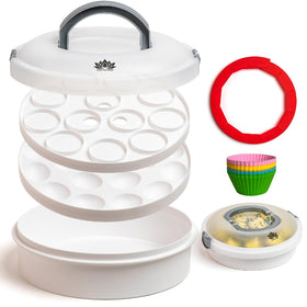 Lotus Fine Goods Premium 4-in-1 Cupcake Carrier with Lid keeps desserts secure during travel.