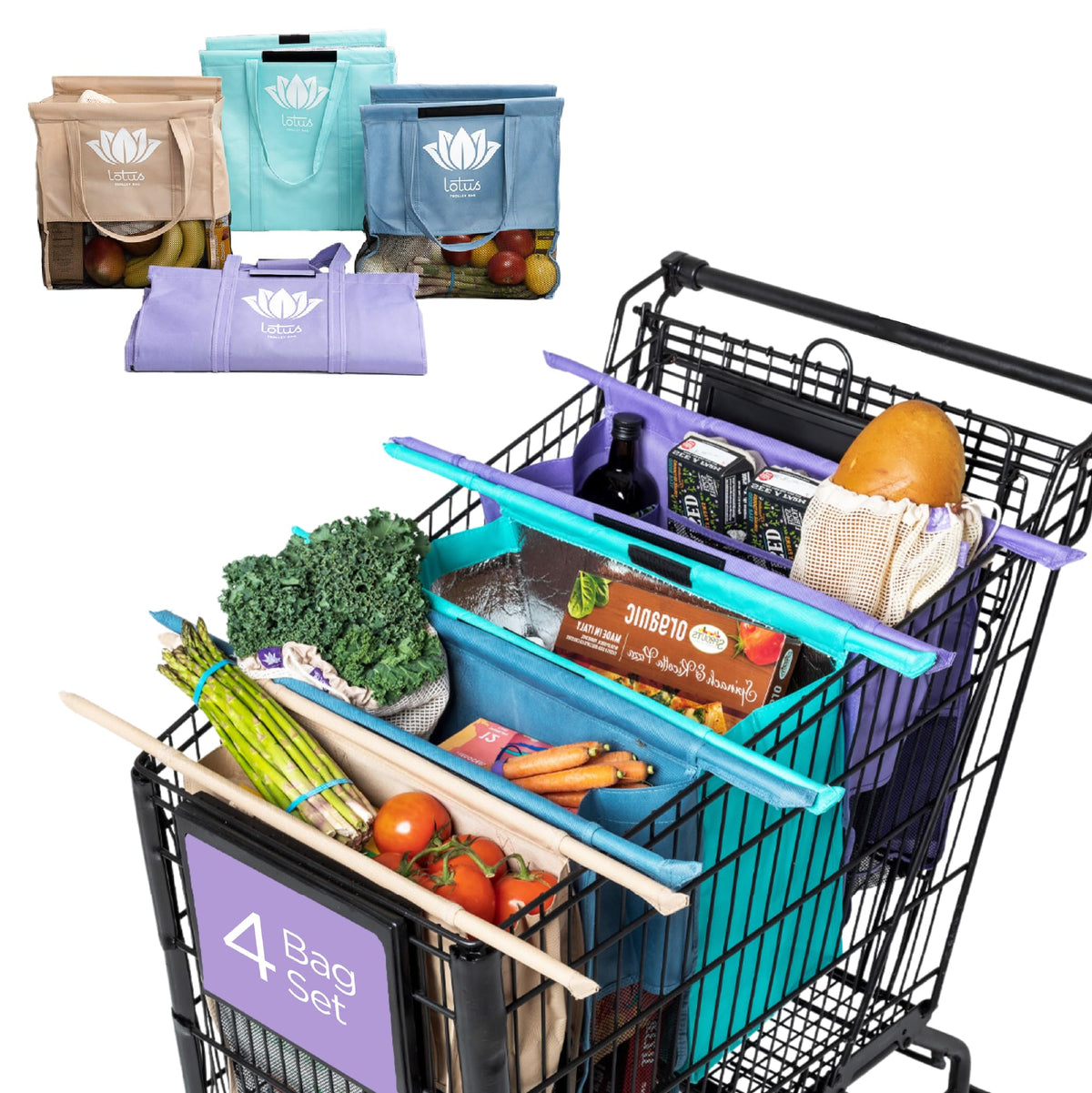 Lotus Original Trolley bags arranged in cart for organized grocery loading.