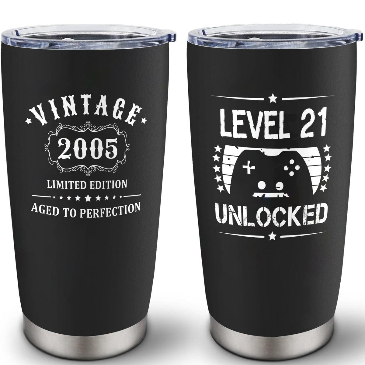 Louasedh 21st birthday tumbler front view with vintage 2005 design
