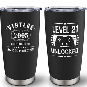Louasedh 21st birthday tumbler front view with vintage 2005 design