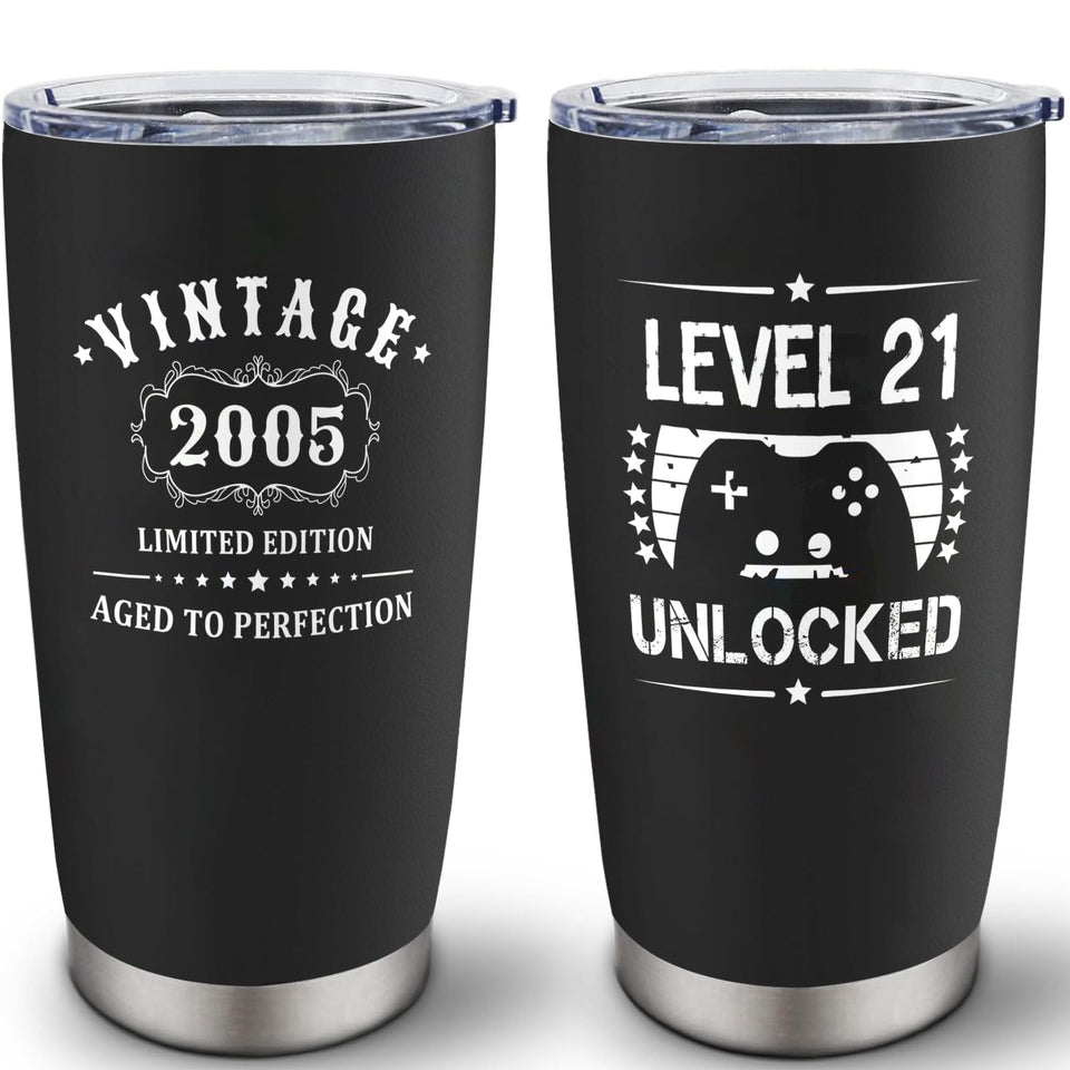 Louasedh 21st birthday tumbler front view with vintage 2005 design