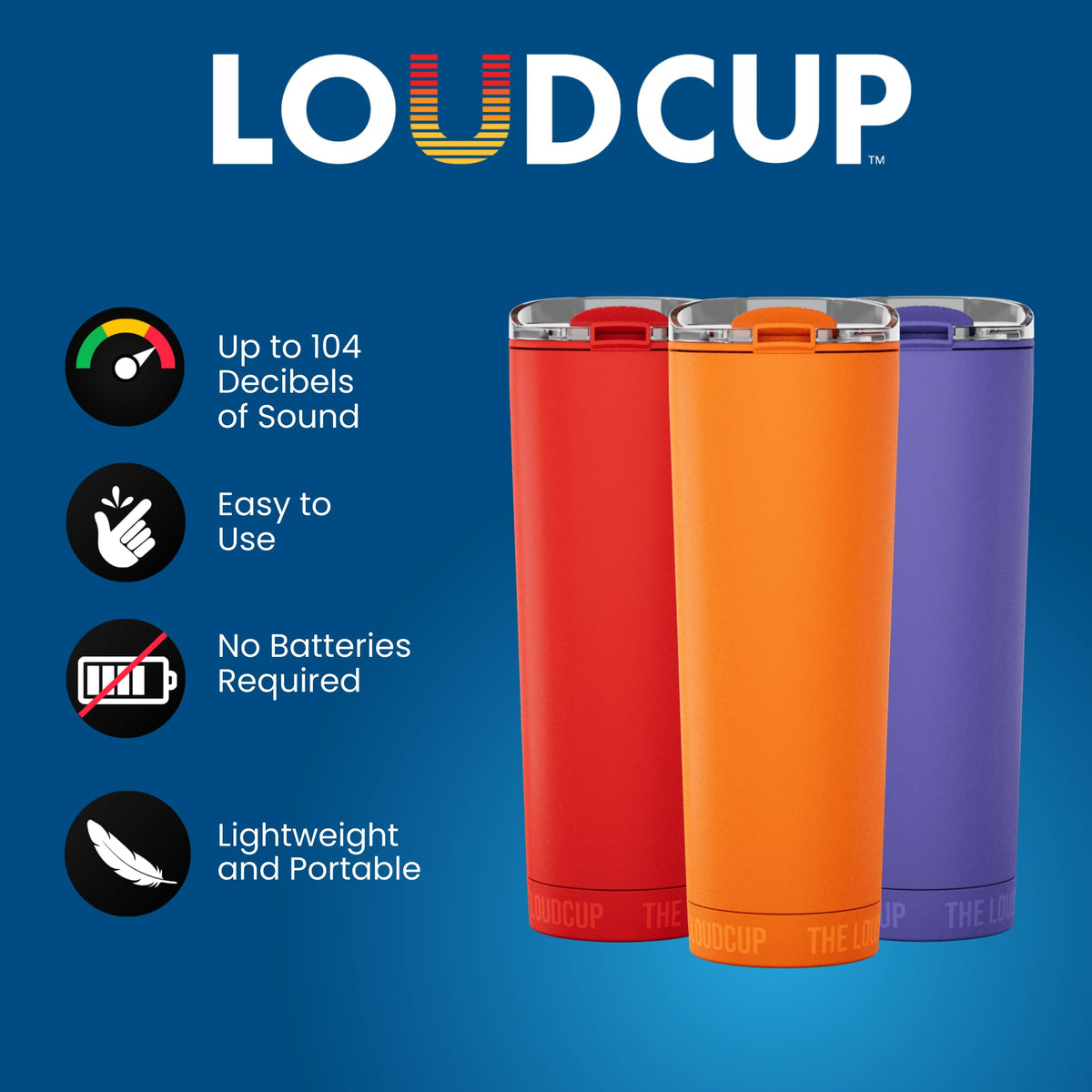 LoudCup 23oz tumbler cap closeup indicating easy horn activation.