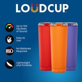 LoudCup 23oz tumbler cap closeup indicating easy horn activation.