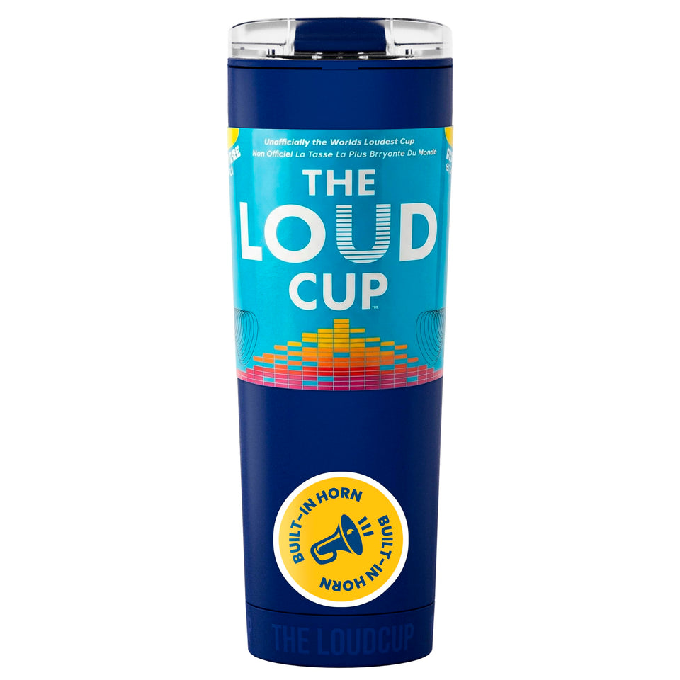 LoudCup blow horn tumbler in navy shows built-in horn for stadium cheer.