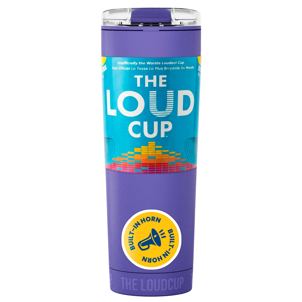 LoudCup blow horn tumbler royal purple front view for vibrant game-day cheers.