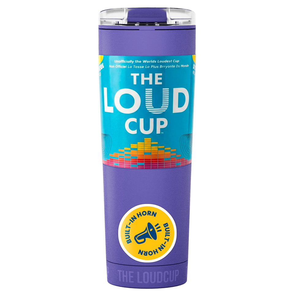 LoudCup blow horn tumbler royal purple front view for vibrant game-day cheers.
