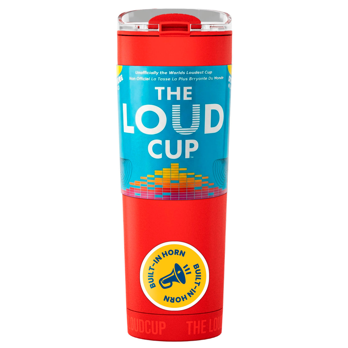 LoudCup blow-horn-tumbler in action at a stadium for cheers and hydration