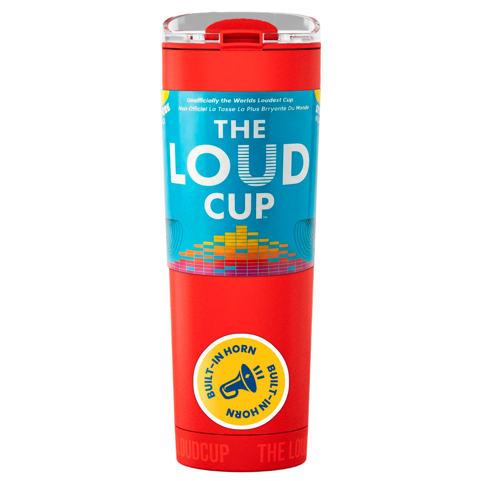 LoudCup blow-horn-tumbler in action at a stadium for cheers and hydration
