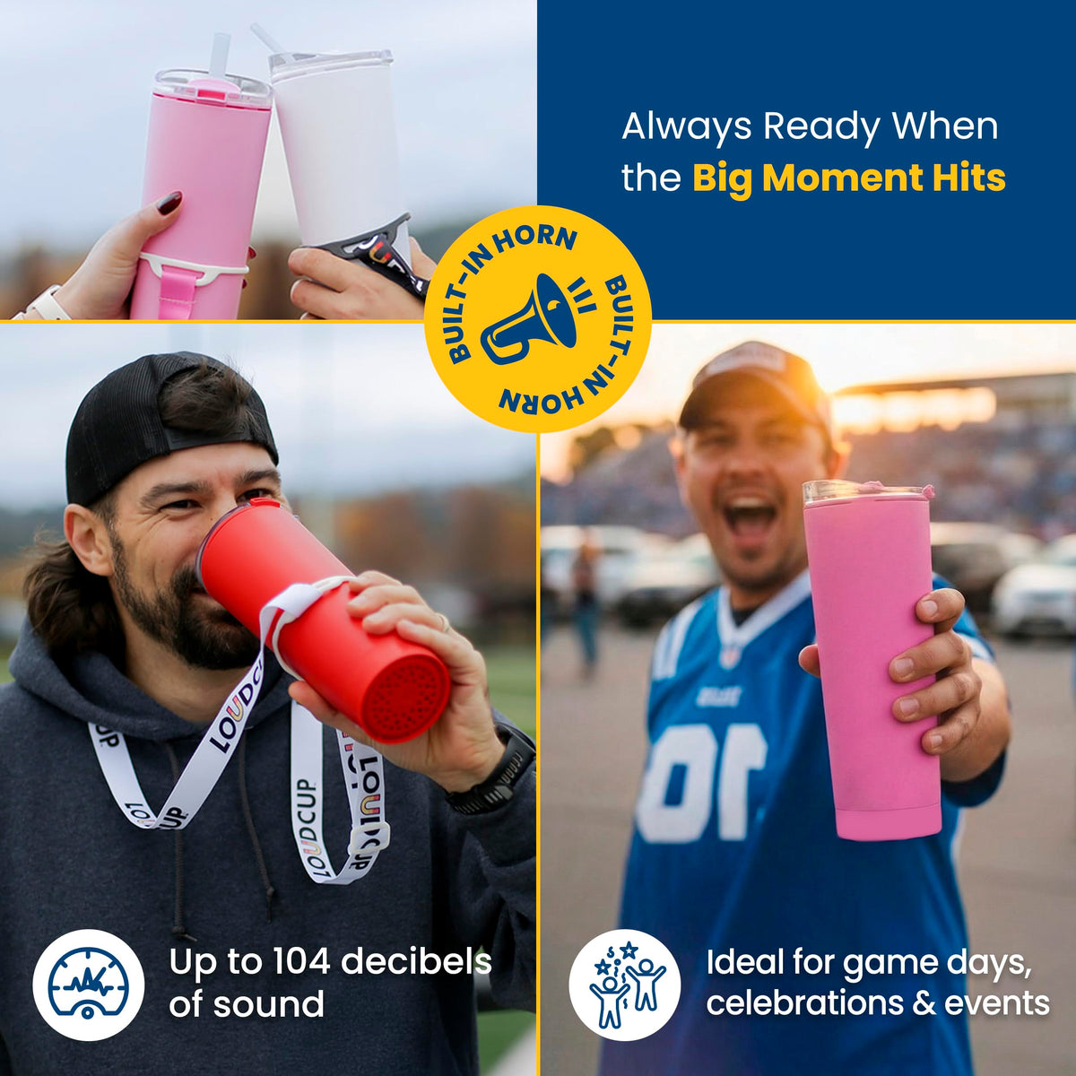 LoudCup cup-holder base design fits most cups for easy stadium use.