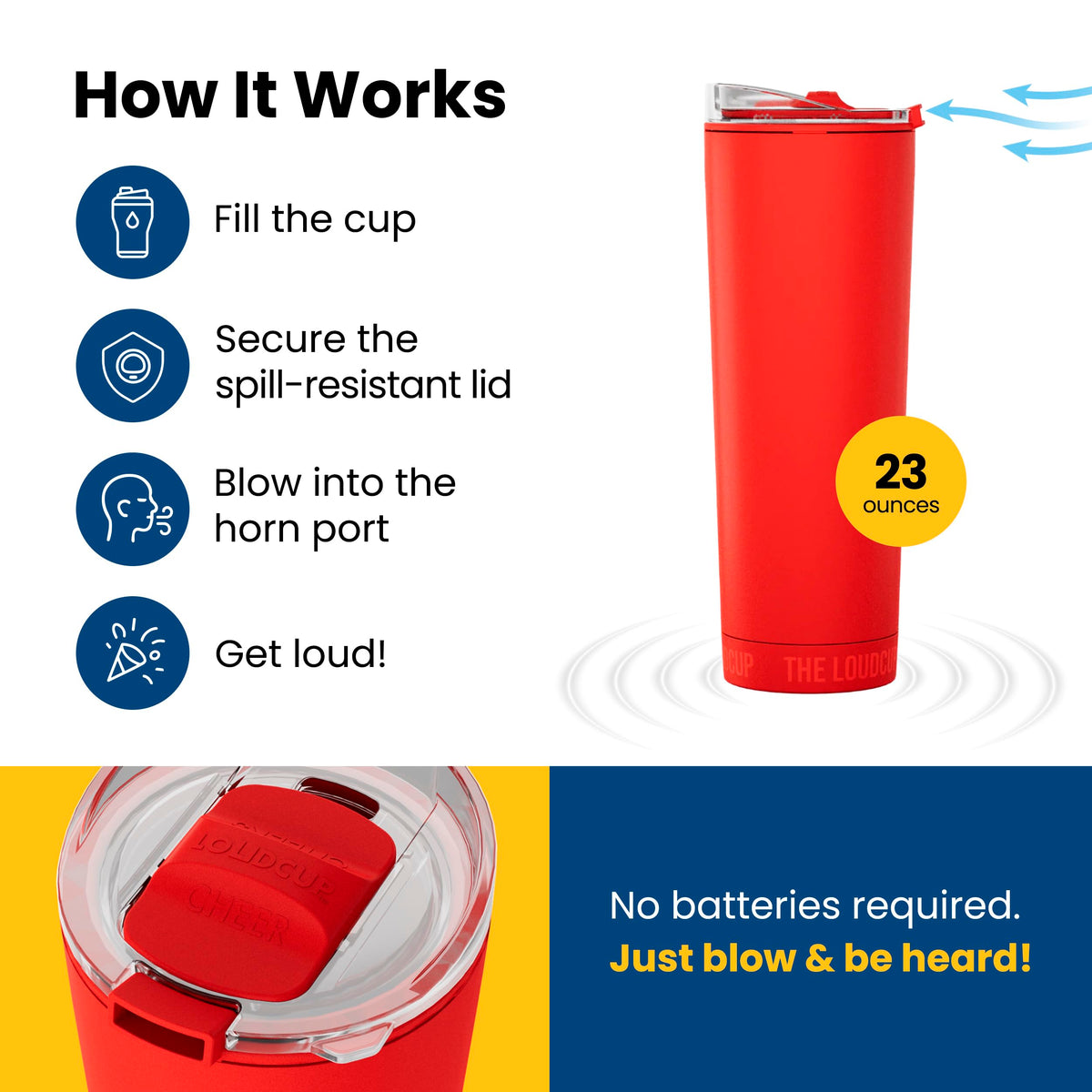LoudCup soft-grip-handle makes carrying easy during long game days